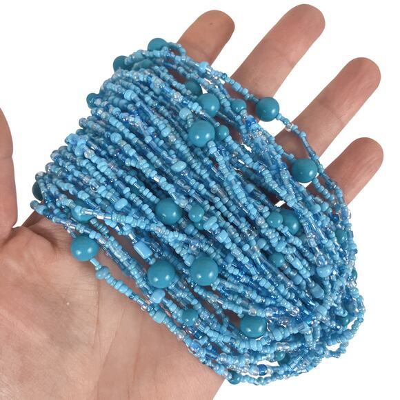 Vintage Multi Strand Blue Statement Glass Station Seed Bead Bib Collar Necklace - Picture 5 of 13